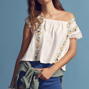 Anthropologie Embroidered White Boho Top Large NWT